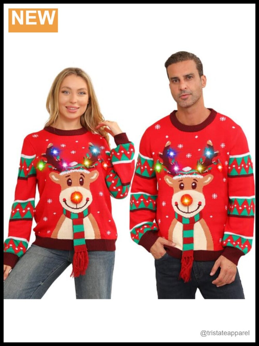 Unisex Light Up Ugly Christmas Sweater Pullover Crew Neck Long Sleeve